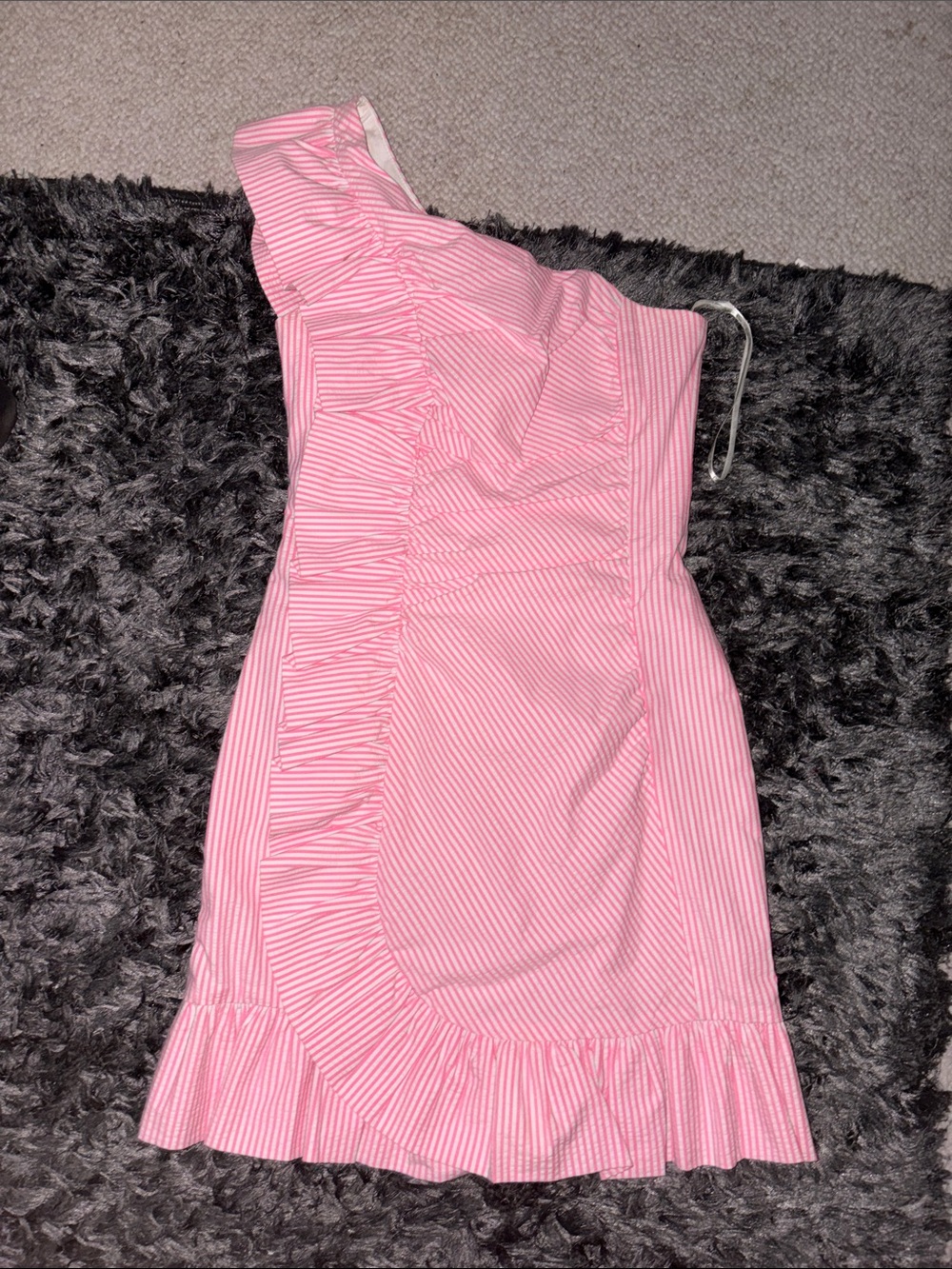 Lily Pulitzer One-Shoulder Pink Striped Ruffle Dress